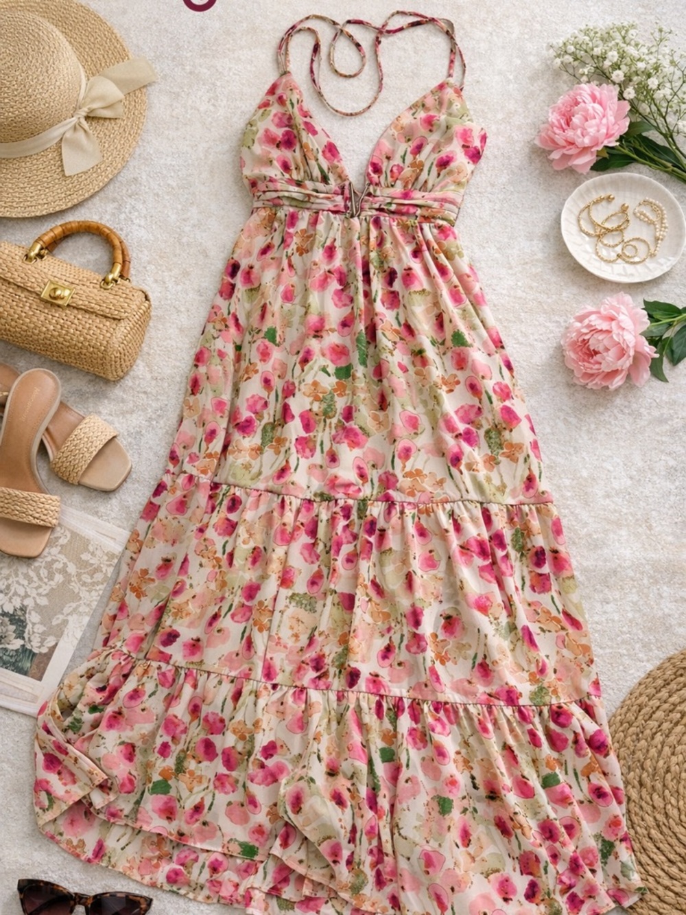 Fashion Nova Pink & Cream Floral Halter Tiered Maxi Dress